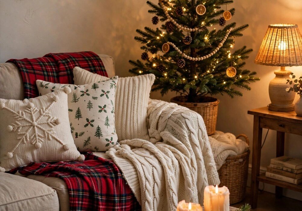 Cozy budget Christmas living room with plaid throws, festive pillows and warm string lights
