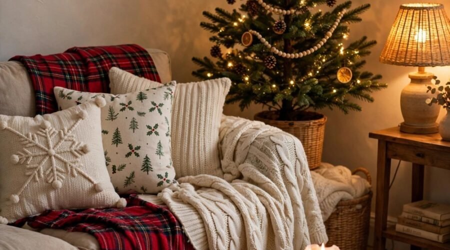 Cozy budget Christmas living room with plaid throws, festive pillows and warm string lights