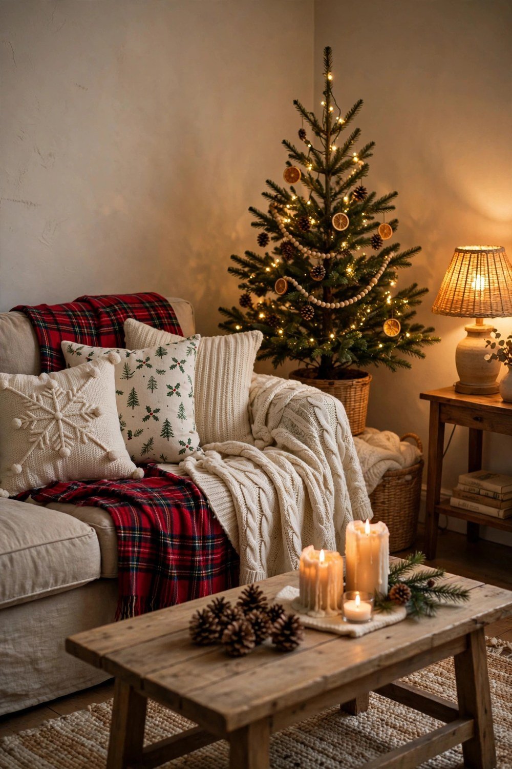 Cozy budget Christmas living room with plaid throws, festive pillows and warm string lights