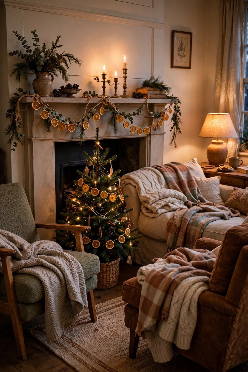 Rearranged cozy living room with Christmas tree, dried orange garland and glowing candles