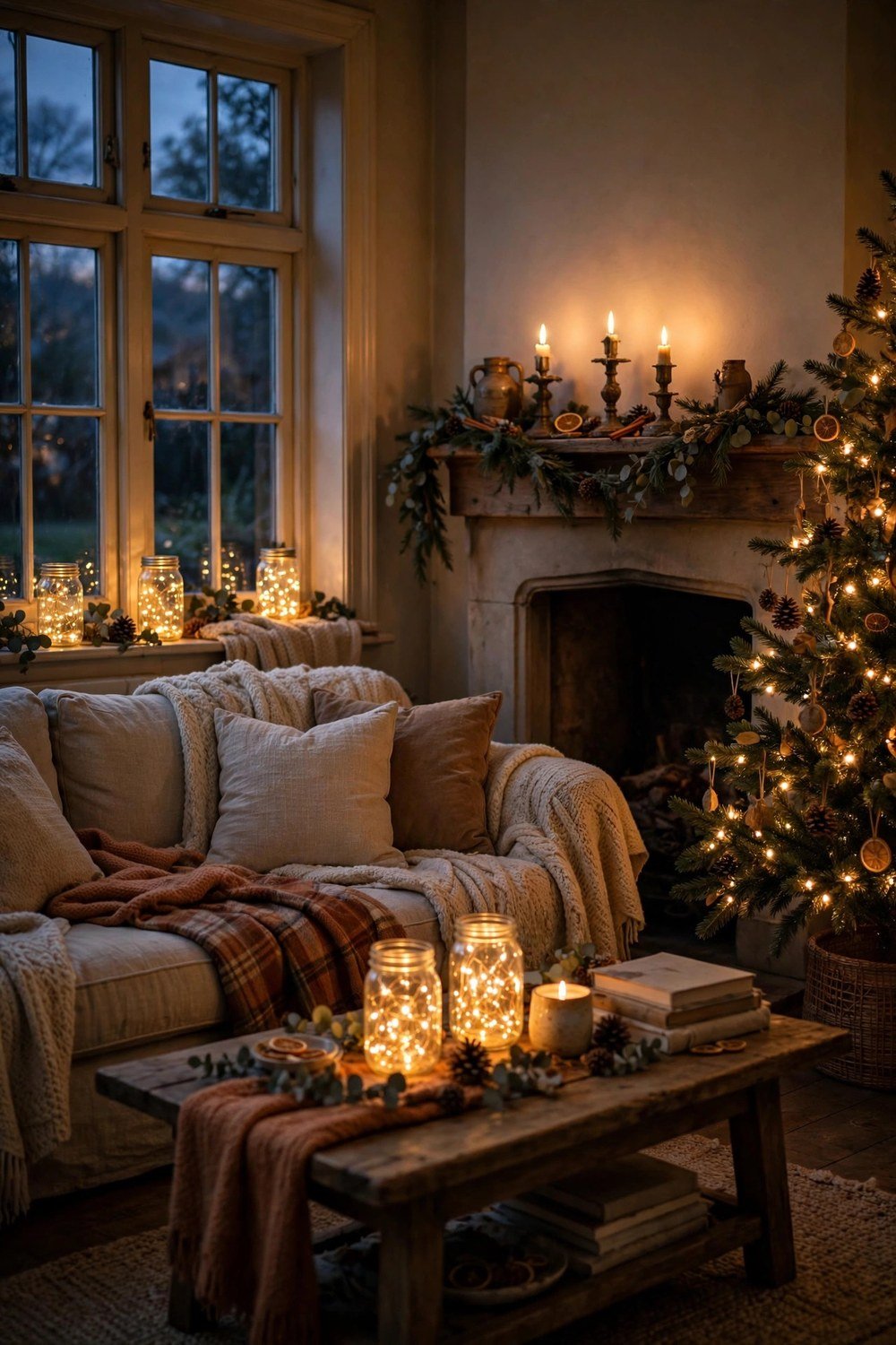 Living room glowing with warm fairy lights in mason jars and candles at dusk