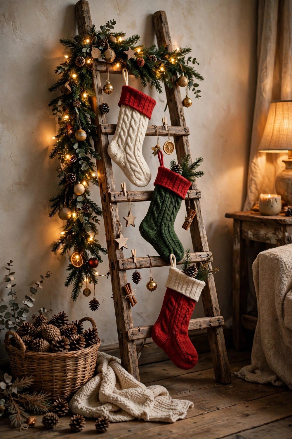 Wooden ladder decorated with garland, stockings and ornaments in a cozy Christmas corner