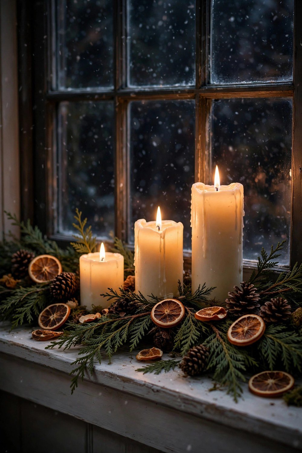 Christmas windowsill styled with glowing candles, cedar garland and pinecones at night