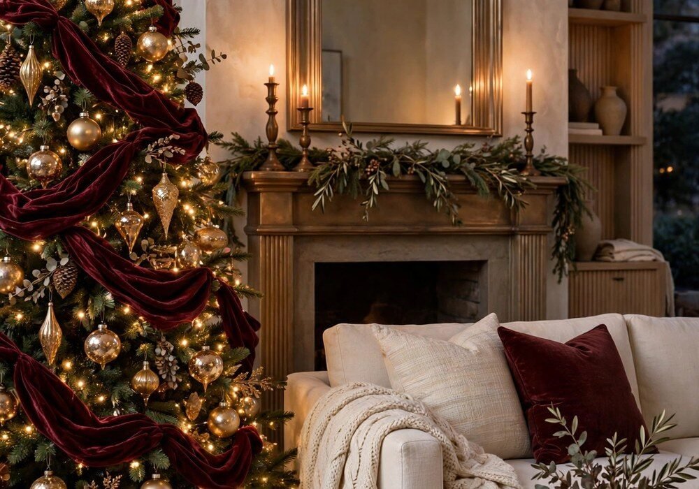 Elegant Christmas living room styled with 2026 decor trends: tall tree wrapped in deep burgundy velvet ribbon with antique gold glass ornaments, warm bronze candlesticks on the mantel, cream linen sofa with chunky knit throw, soft glowing fairy lights