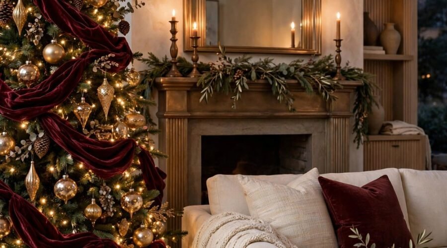 Elegant Christmas living room styled with 2026 decor trends: tall tree wrapped in deep burgundy velvet ribbon with antique gold glass ornaments, warm bronze candlesticks on the mantel, cream linen sofa with chunky knit throw, soft glowing fairy lights