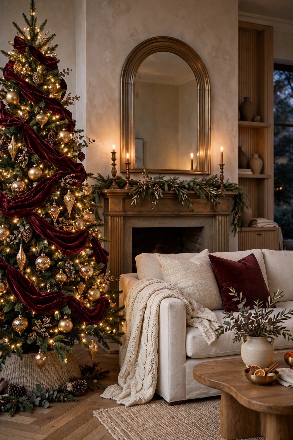 Elegant Christmas living room styled with 2026 decor trends: tall tree wrapped in deep burgundy velvet ribbon with antique gold glass ornaments, warm bronze candlesticks on the mantel, cream linen sofa with chunky knit throw, soft glowing fairy lights