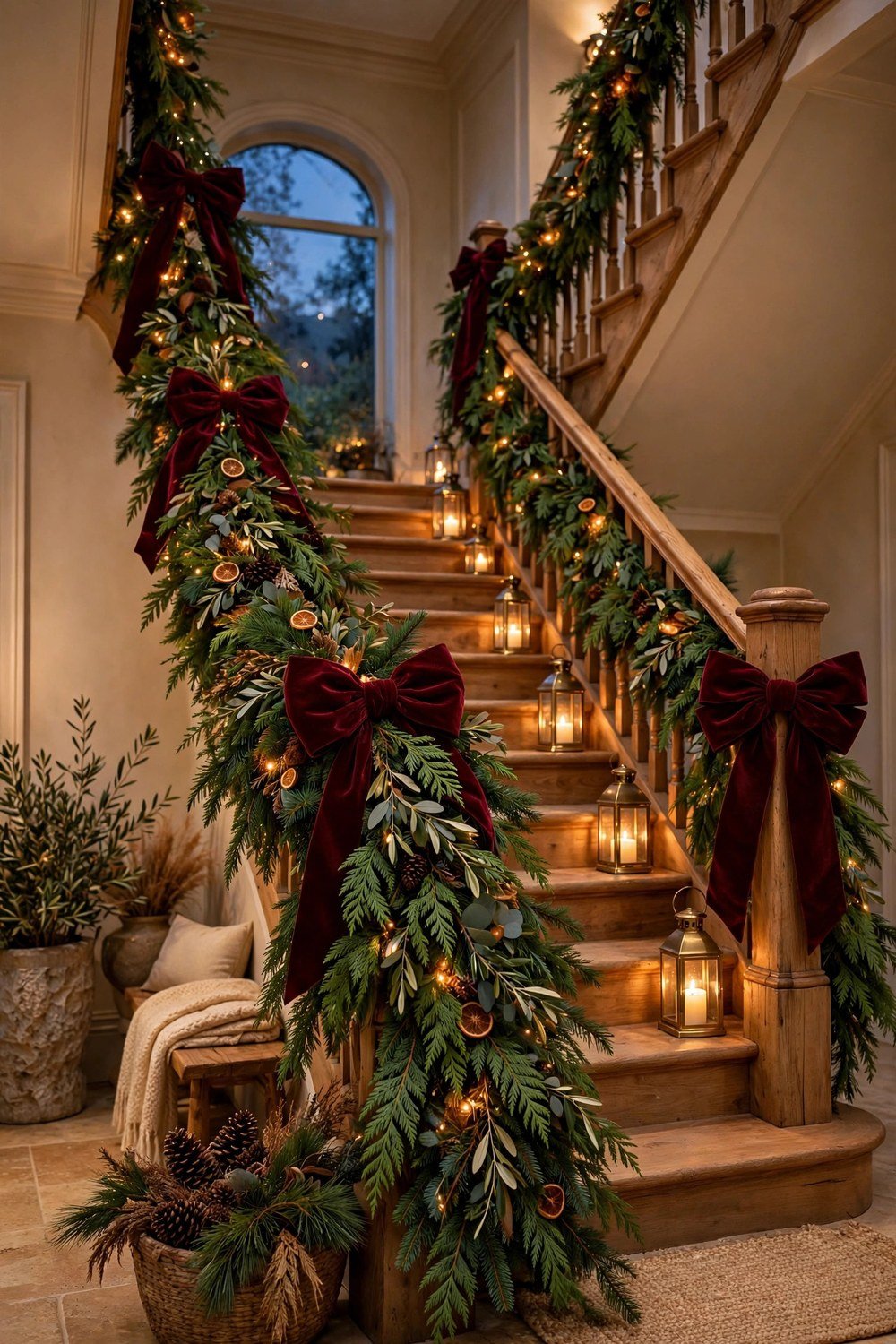 Grand staircase decorated for Christmas 2026 trends: thick layered cedar and pine garland along the banister with oversized deep burgundy velvet bows, warm fairy lights, brass lanterns glowing on the steps, natural wood railing