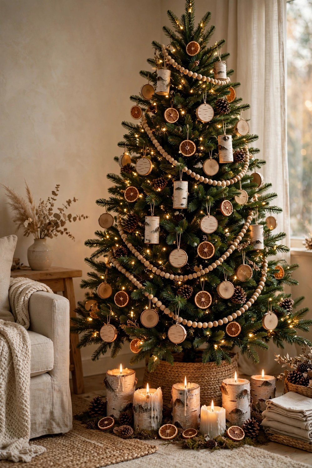 Christmas tree decorated with 2026 natural trends: light wood and birch-bark ornaments, wooden bead garlands, dried orange slices, pinecones and warm fairy lights, birch log candle holders glowing nearby