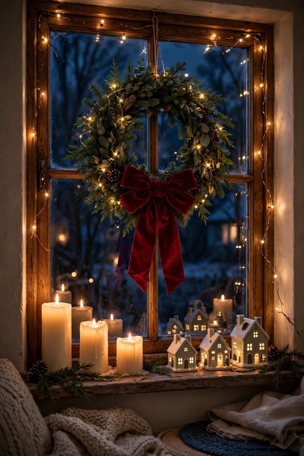 Cozy living room window at night styled with Christmas 2026 trends: glowing pillar candles on the sill, fresh evergreen wreath with deep red velvet bow, warm fairy lights, small glowing ceramic village houses