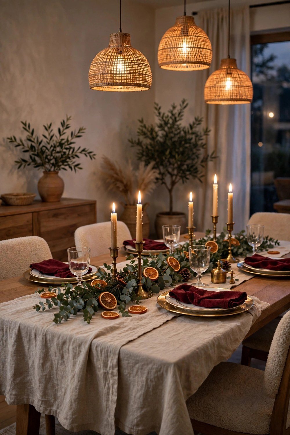 Elegant Christmas dining table styled with 2026 trends: natural linen runner, low fresh eucalyptus garland with dried oranges, brass taper candle holders with lit ivory candles, gold-rim china, deep burgundy napkins