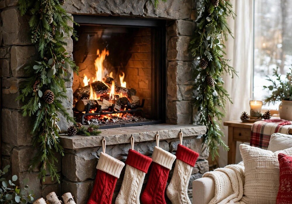 Christmas stockings hung on a stone fireplace surround with cascading garland and a glowing fire