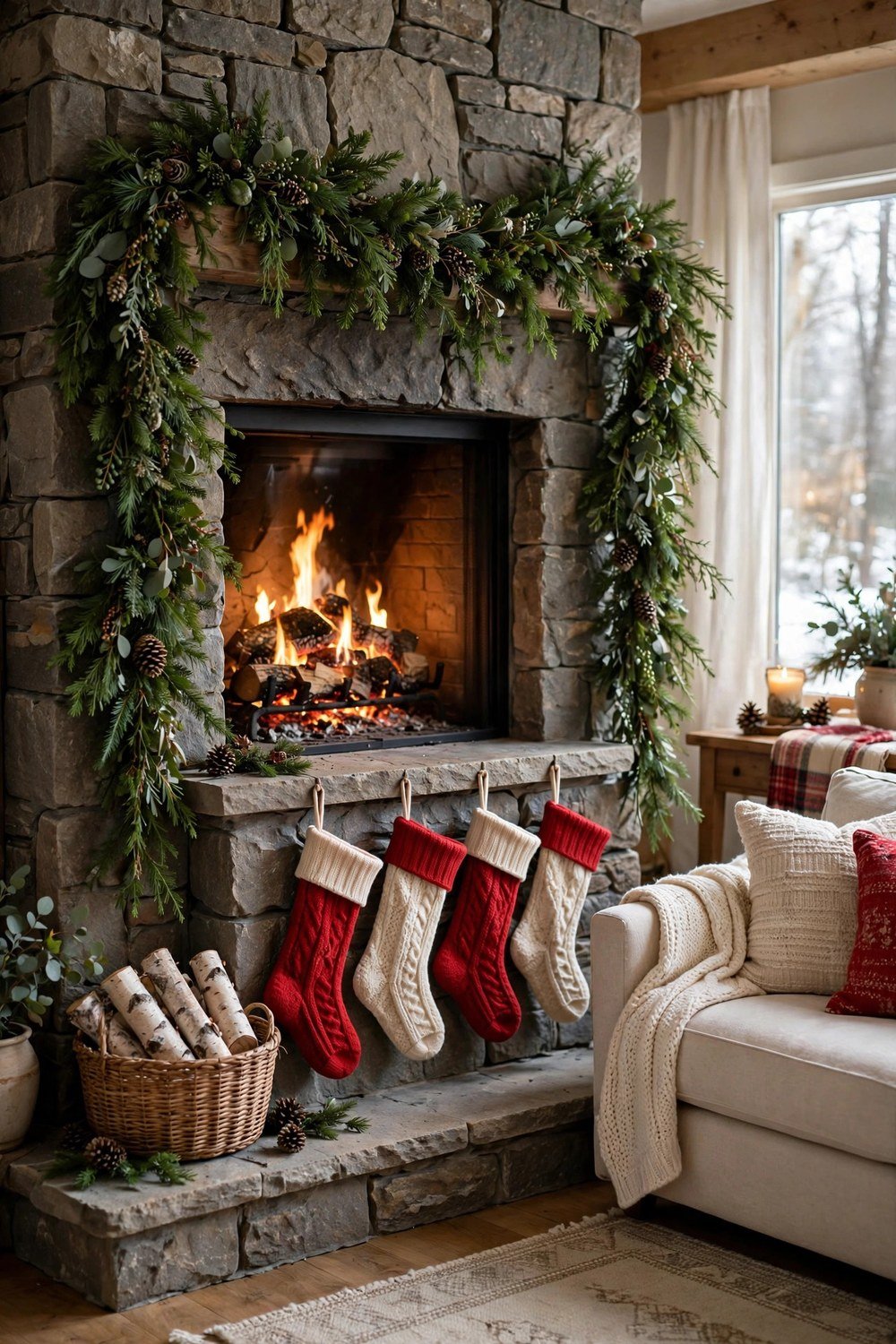 Christmas stockings hung on a stone fireplace surround with cascading garland and a glowing fire