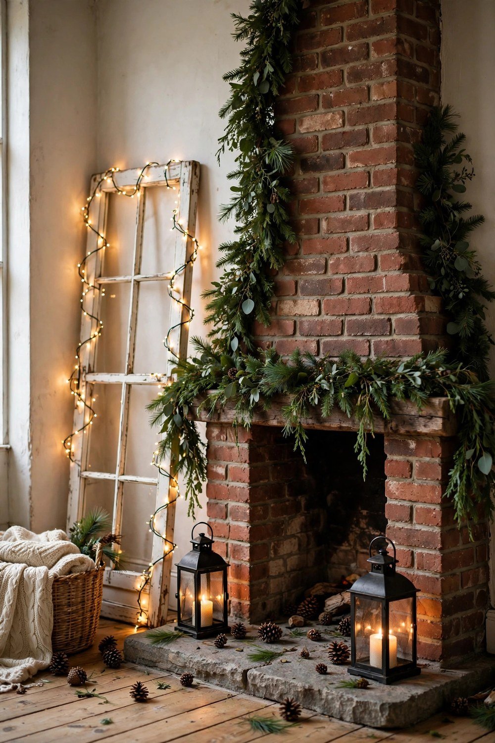 Brick Christmas fireplace with a fairy-lit vintage window frame, lanterns and pinecones on the hearth