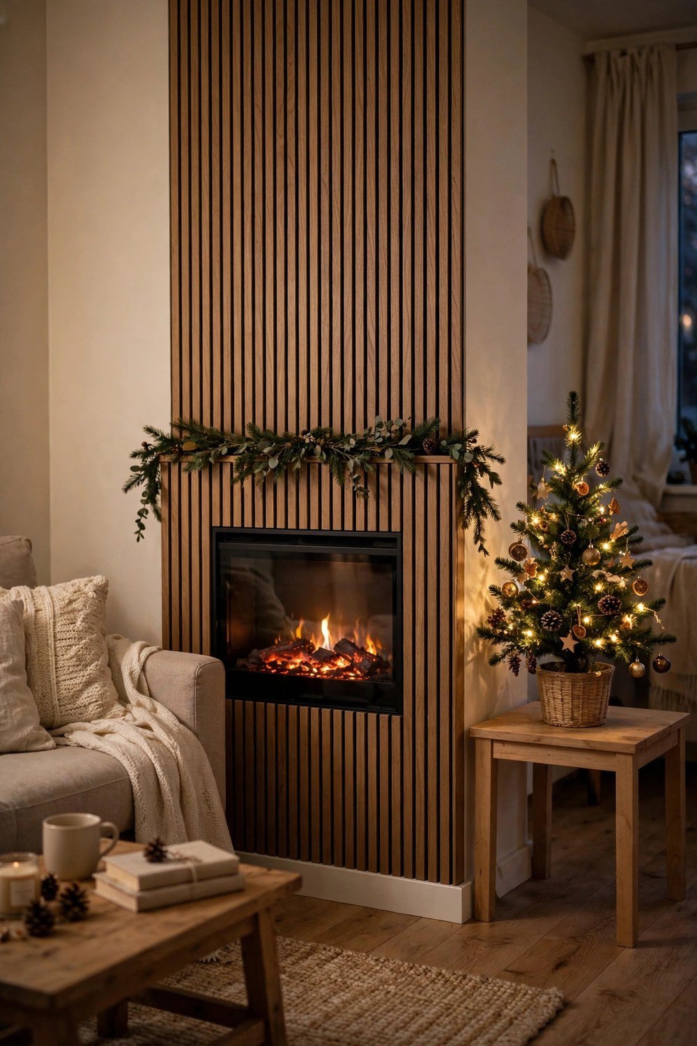 Small apartment living room with a compact fireplace decorated for Christmas
