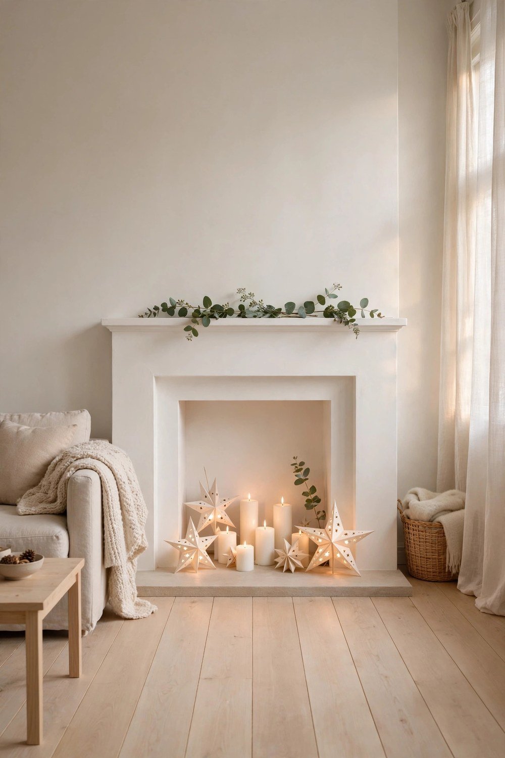 Scandinavian Christmas fireplace with white candles and paper stars in the firebox