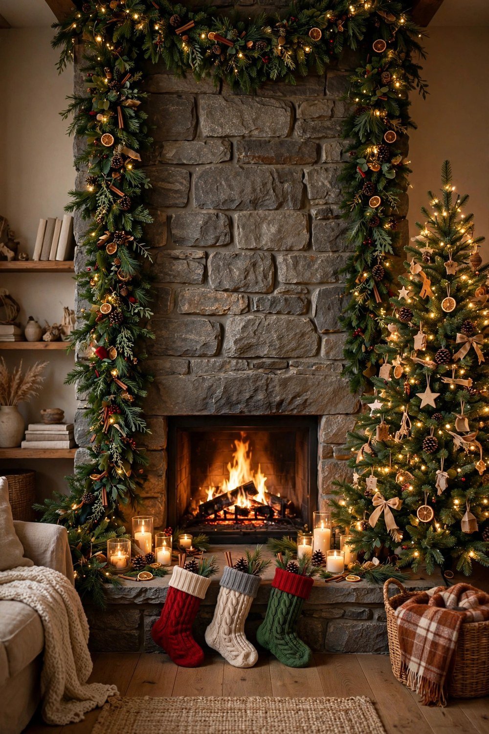 Festive living room with a floor-to-ceiling garland fireplace wall and Christmas tree