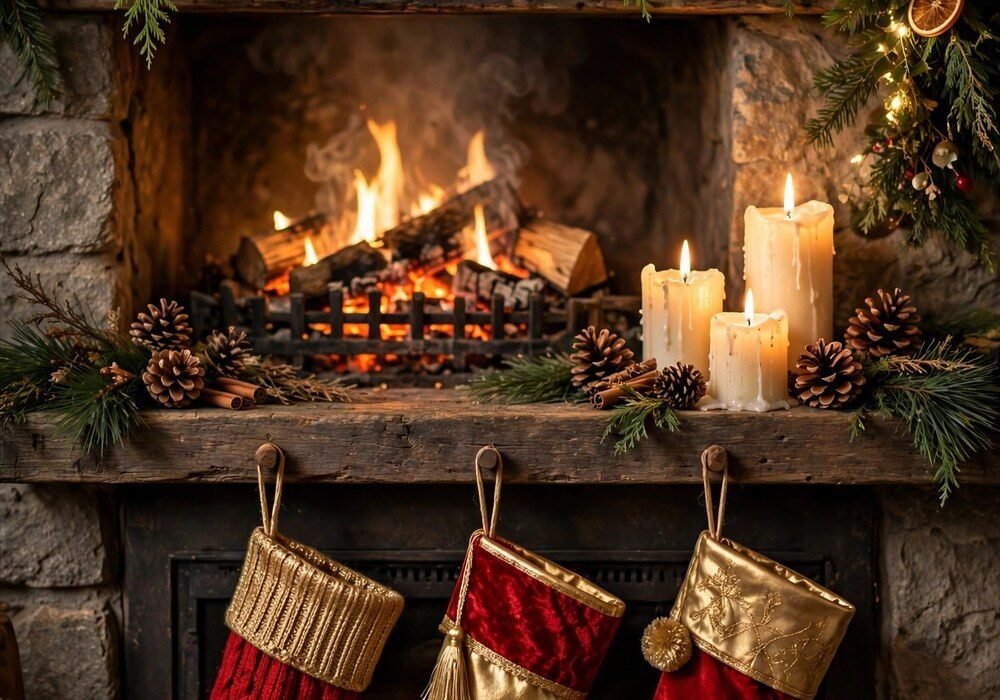 Christmas mantel decorated with lush evergreen garland, warm fairy lights and red stockings