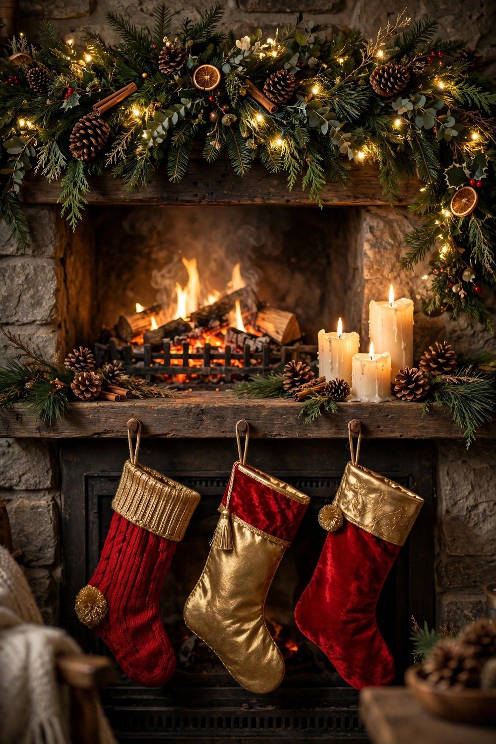 Christmas mantel decorated with lush evergreen garland, warm fairy lights and red stockings