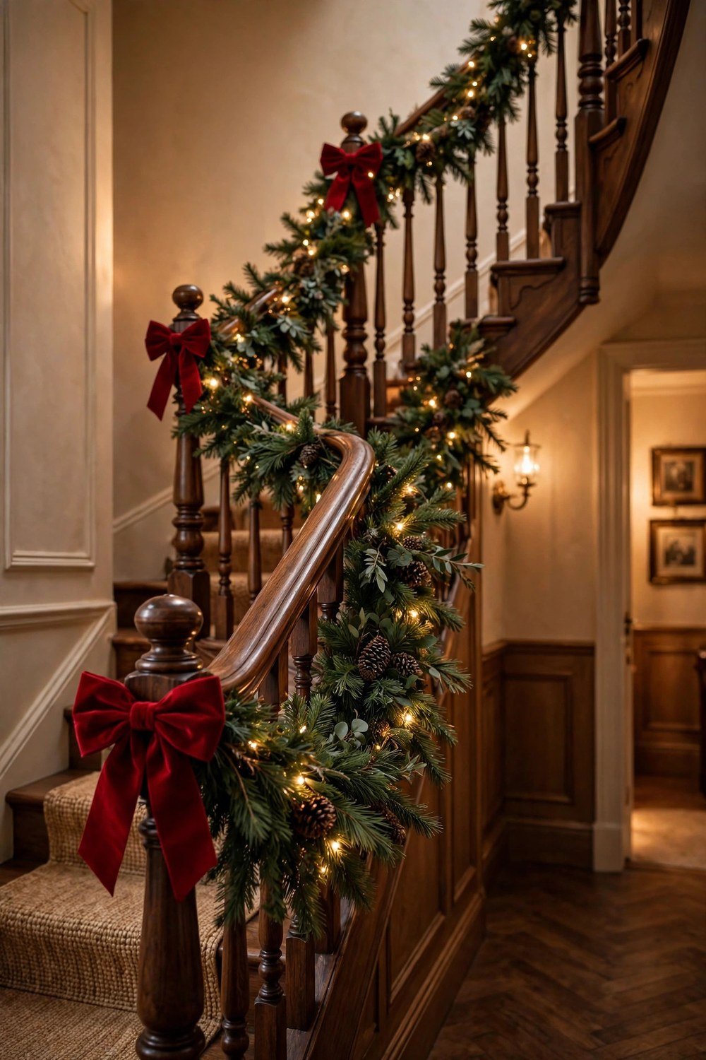 Staircase banister decorated with Christmas garland, lights and red velvet bows