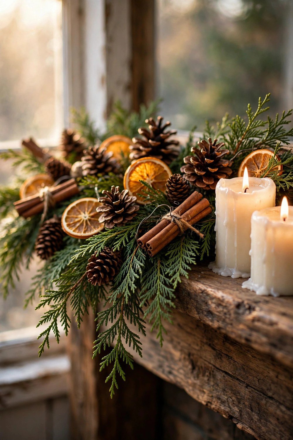 Fresh cedar Christmas garland with pinecones, dried oranges and candles on a mantel