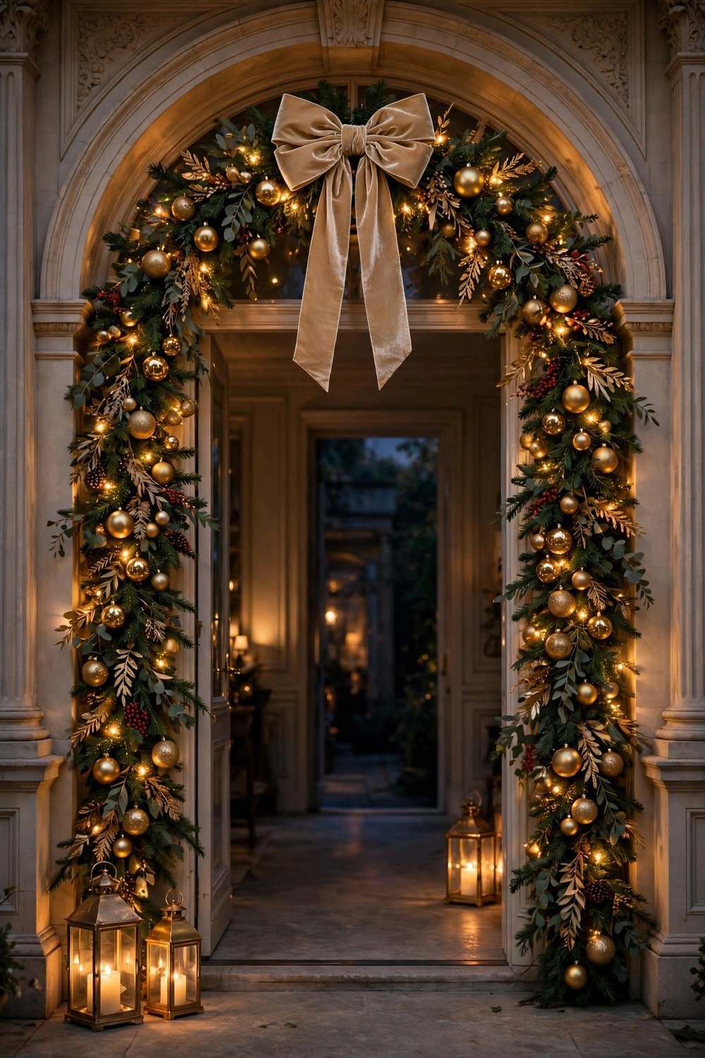 Interior doorway framed with a Christmas garland arch, gold ornaments and glowing lanterns