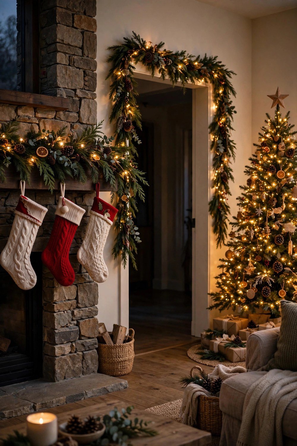Cozy Christmas living room with layered garlands on the mantel, doorway and glowing tree