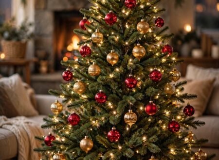 Classic Christmas tree decorated with red and gold ornaments and warm white lights in a cozy living room