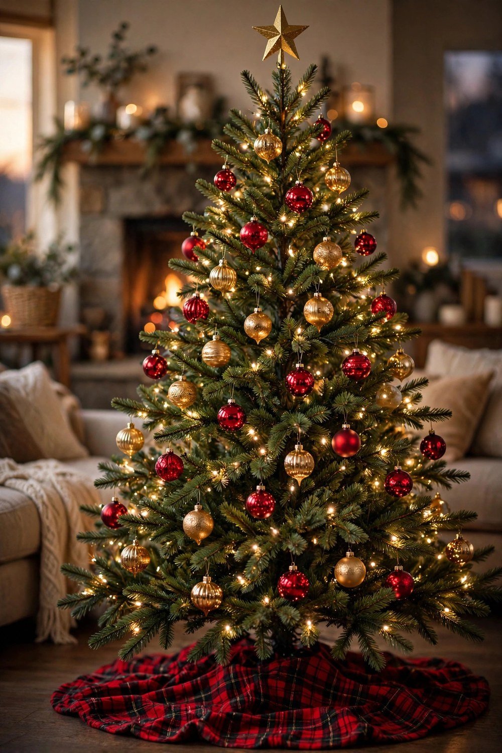 Classic Christmas tree decorated with red and gold ornaments and warm white lights in a cozy living room