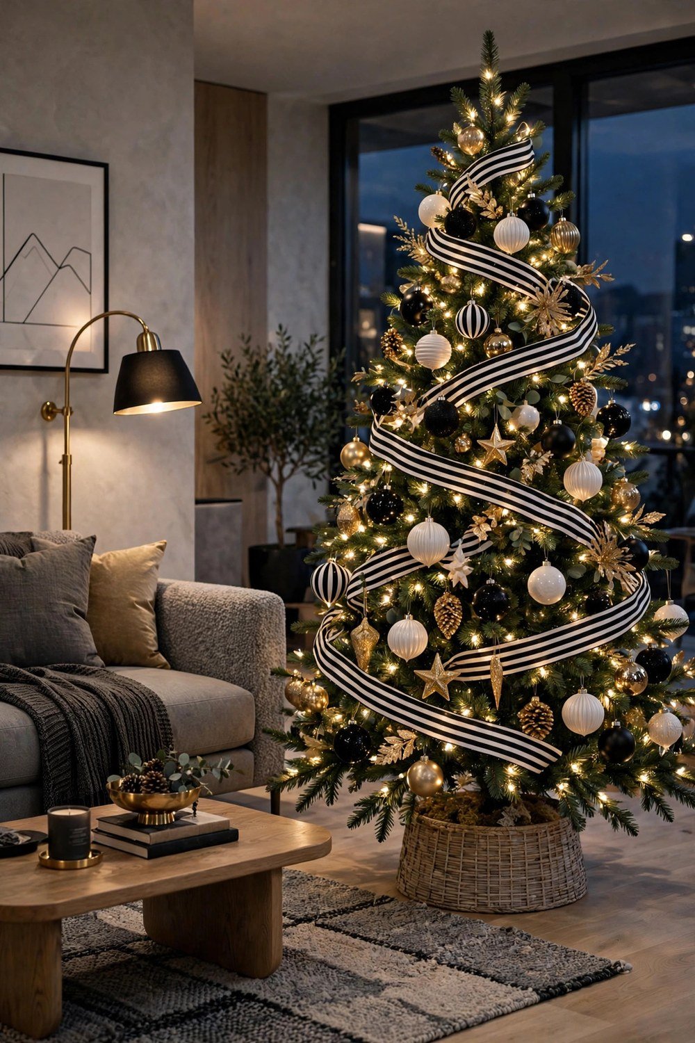 Modern Christmas tree with black, white and gold ornaments in a chic living room