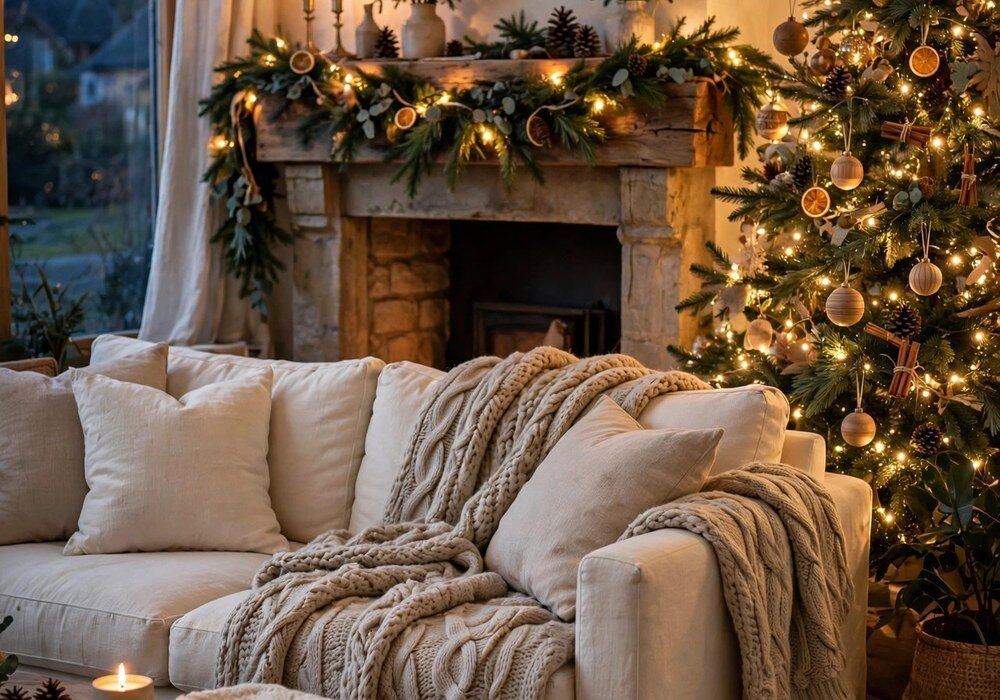 Cozy living room with a decorated Christmas tree glowing with warm fairy lights, chunky knit throws draped over a cream sofa, pine garland on the mantel, soft evening glow
