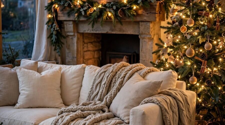 Cozy living room with a decorated Christmas tree glowing with warm fairy lights, chunky knit throws draped over a cream sofa, pine garland on the mantel, soft evening glow