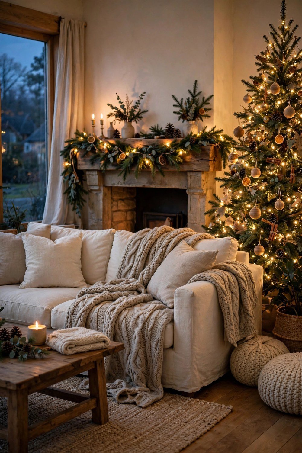 Cozy living room with a decorated Christmas tree glowing with warm fairy lights, chunky knit throws draped over a cream sofa, pine garland on the mantel, soft evening glow
