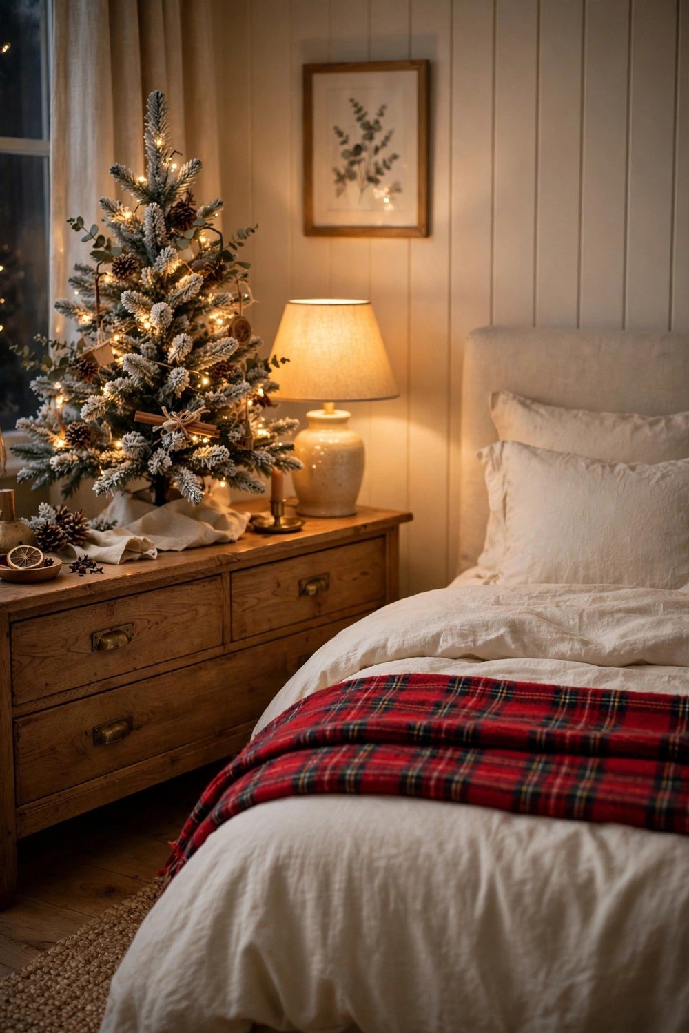 Cozy Christmas bedroom corner with a small flocked tree glowing with warm fairy lights on a wooden dresser, red plaid blanket folded at the foot of cream bedding, soft lamplight