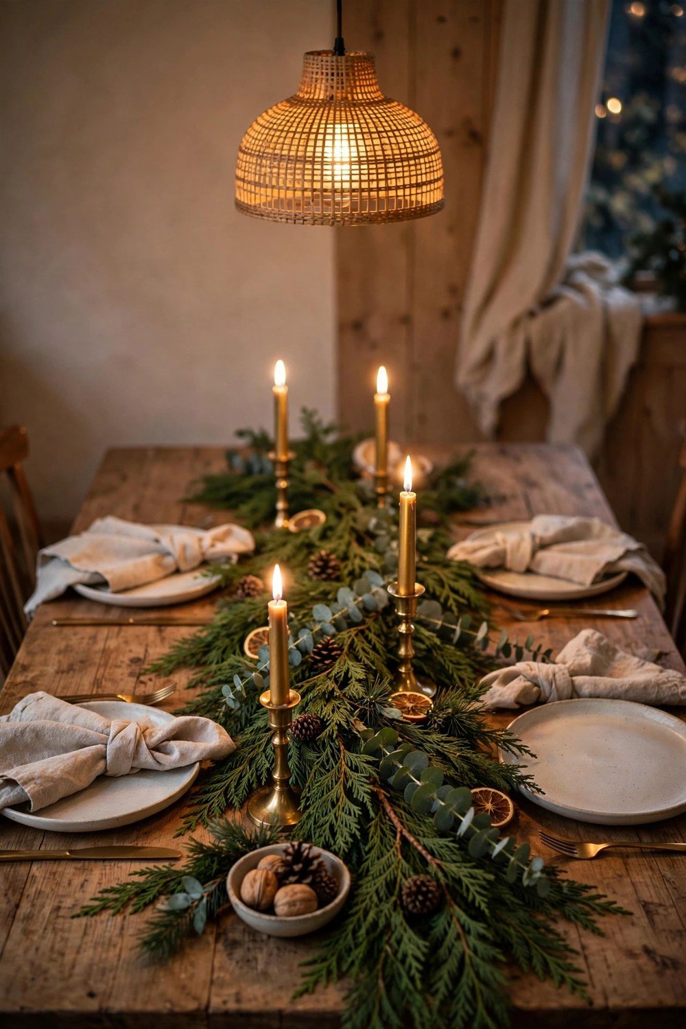Cozy Christmas dining table with a cedar garland runner, glowing brass taper candles, eucalyptus sprigs and linen napkins under warm pendant lighting
