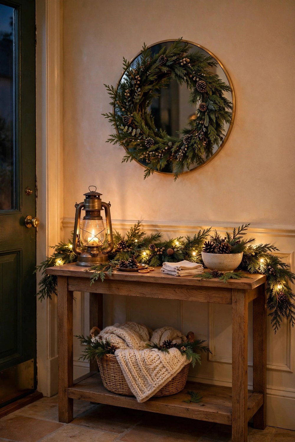 Welcoming Christmas entryway with a wooden console table styled with a glowing cedar garland, brass lantern with candlelight, round mirror with a simple wreath, warm evening glow