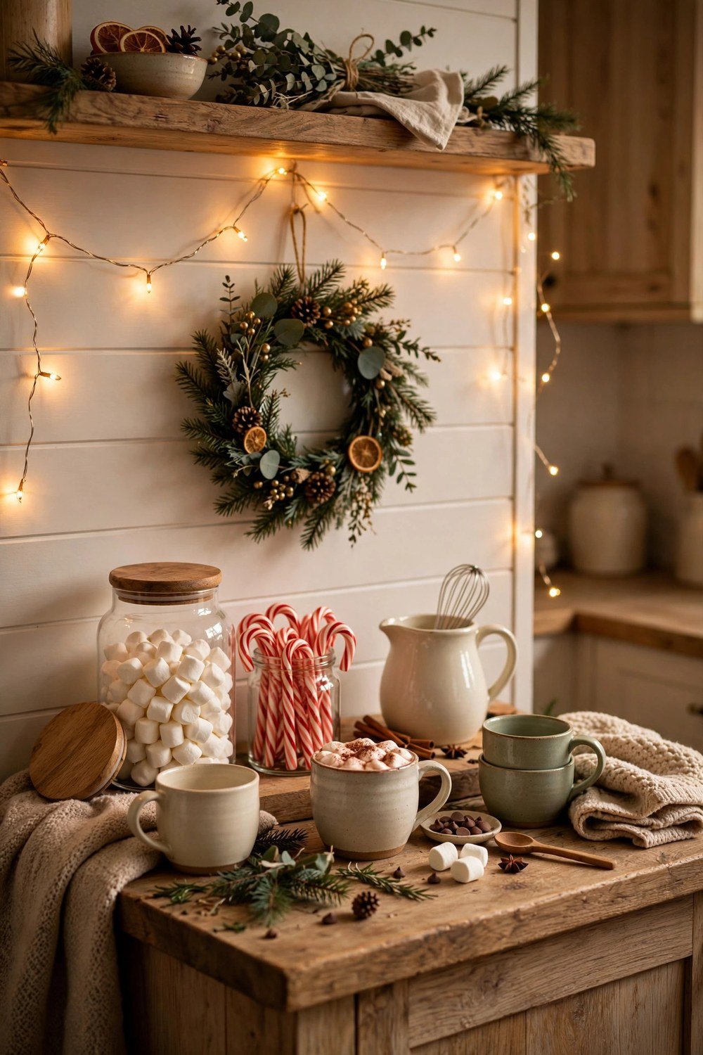 Cozy Christmas kitchen nook with a hot cocoa station on a wooden counter, glowing fairy lights, ceramic mugs, marshmallow jar and candy canes, small wreath on the wall, warm inviting light