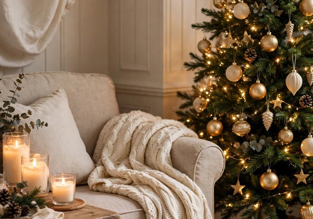 Cozy Christmas living room with decorated tree, warm string lights and chunky knit throws
