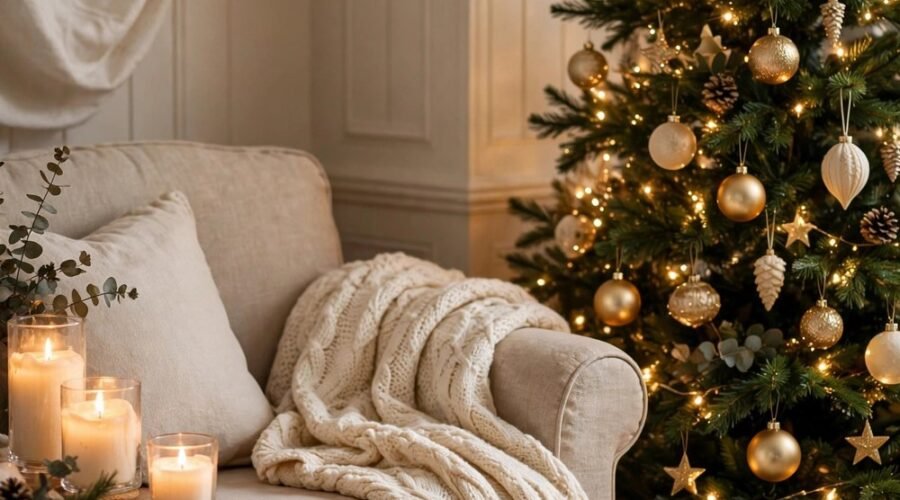 Cozy Christmas living room with decorated tree, warm string lights and chunky knit throws