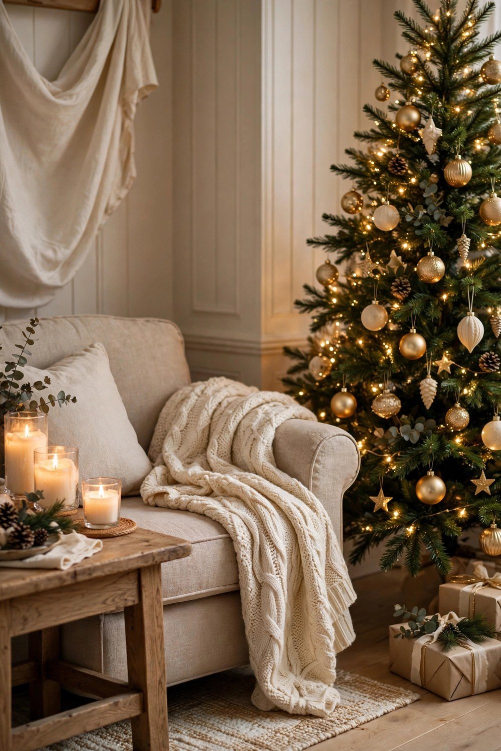 Cozy Christmas living room with decorated tree, warm string lights and chunky knit throws