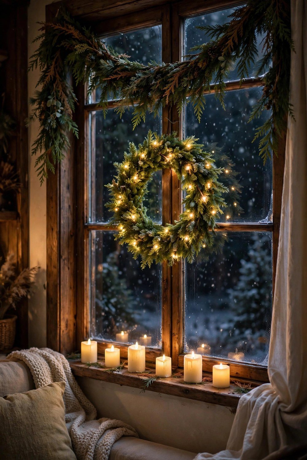 Glowing Christmas window display with wreath, fairy lights and candles at night