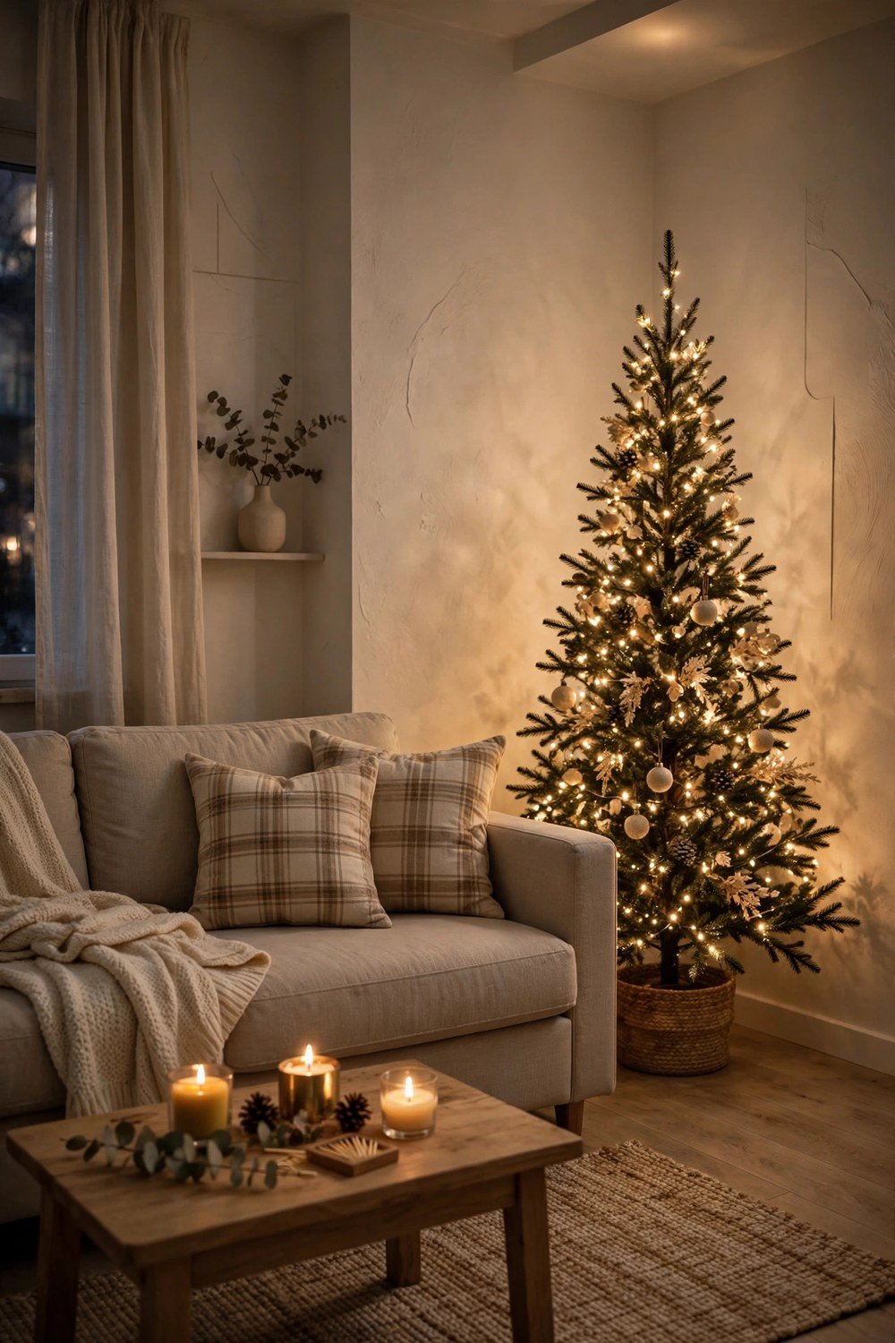 Small cozy living room with slim Christmas tree and warm festive decor