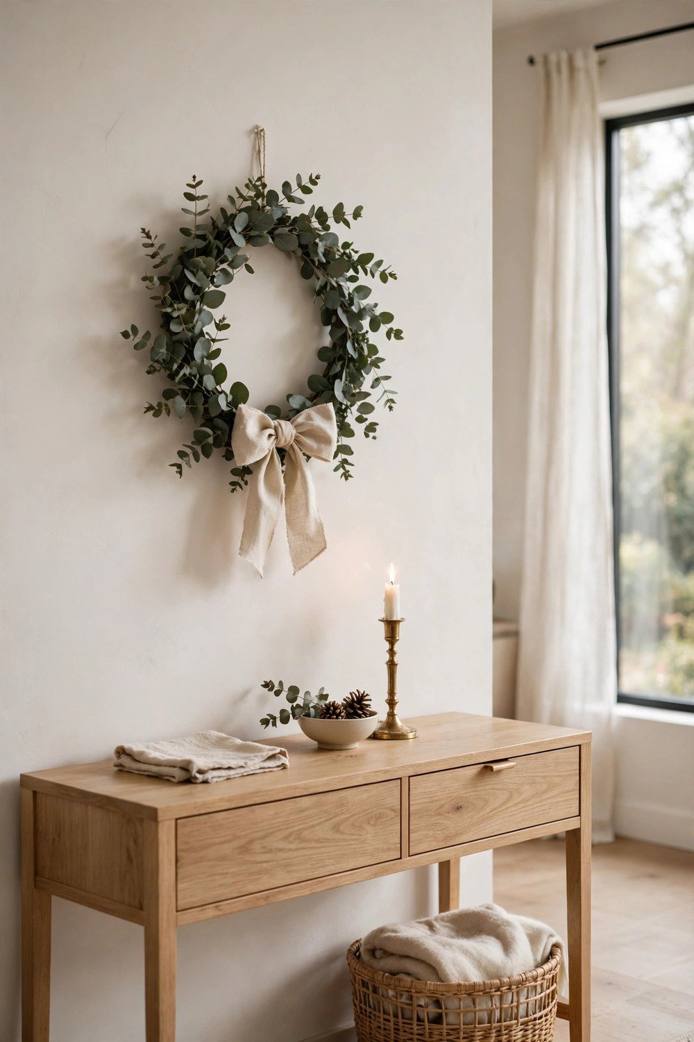 Minimalist Christmas living room with simple eucalyptus wreath and neutral decor