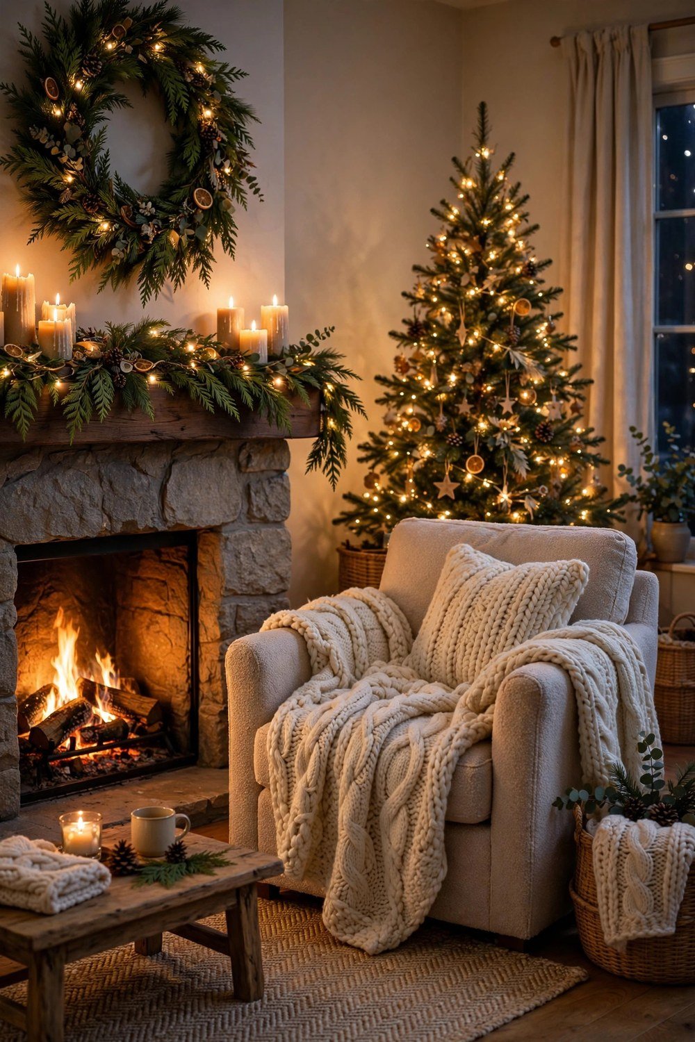 Warm cozy living room with glowing fireplace, garland and Christmas tree