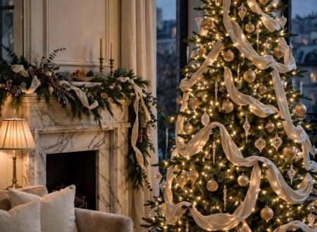 Elegant living room at dusk with a tall Christmas tree in champagne-gold and crystal ornaments, ivory velvet ribbon cascading, warm white lights and a marble fireplace with garland
