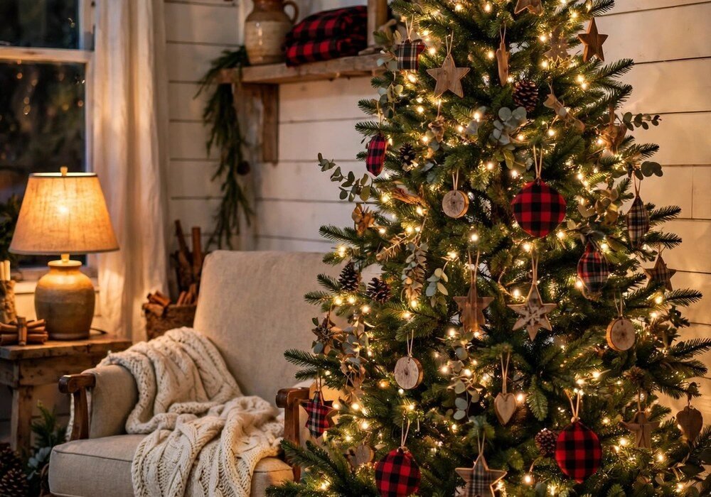 Cozy farmhouse living room Christmas tree with red-and-black buffalo check tree skirt, warm fairy lights, rustic wooden and plaid ornaments, shiplap walls