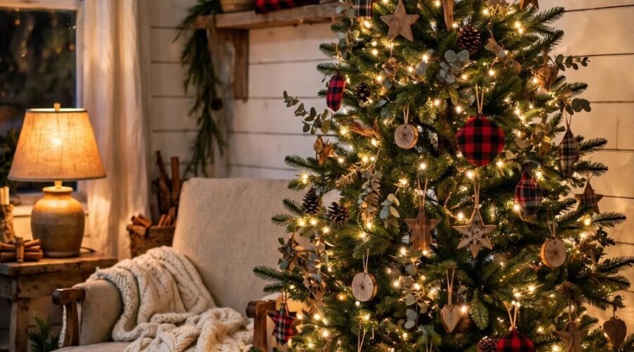 Cozy farmhouse living room Christmas tree with red-and-black buffalo check tree skirt, warm fairy lights, rustic wooden and plaid ornaments, shiplap walls