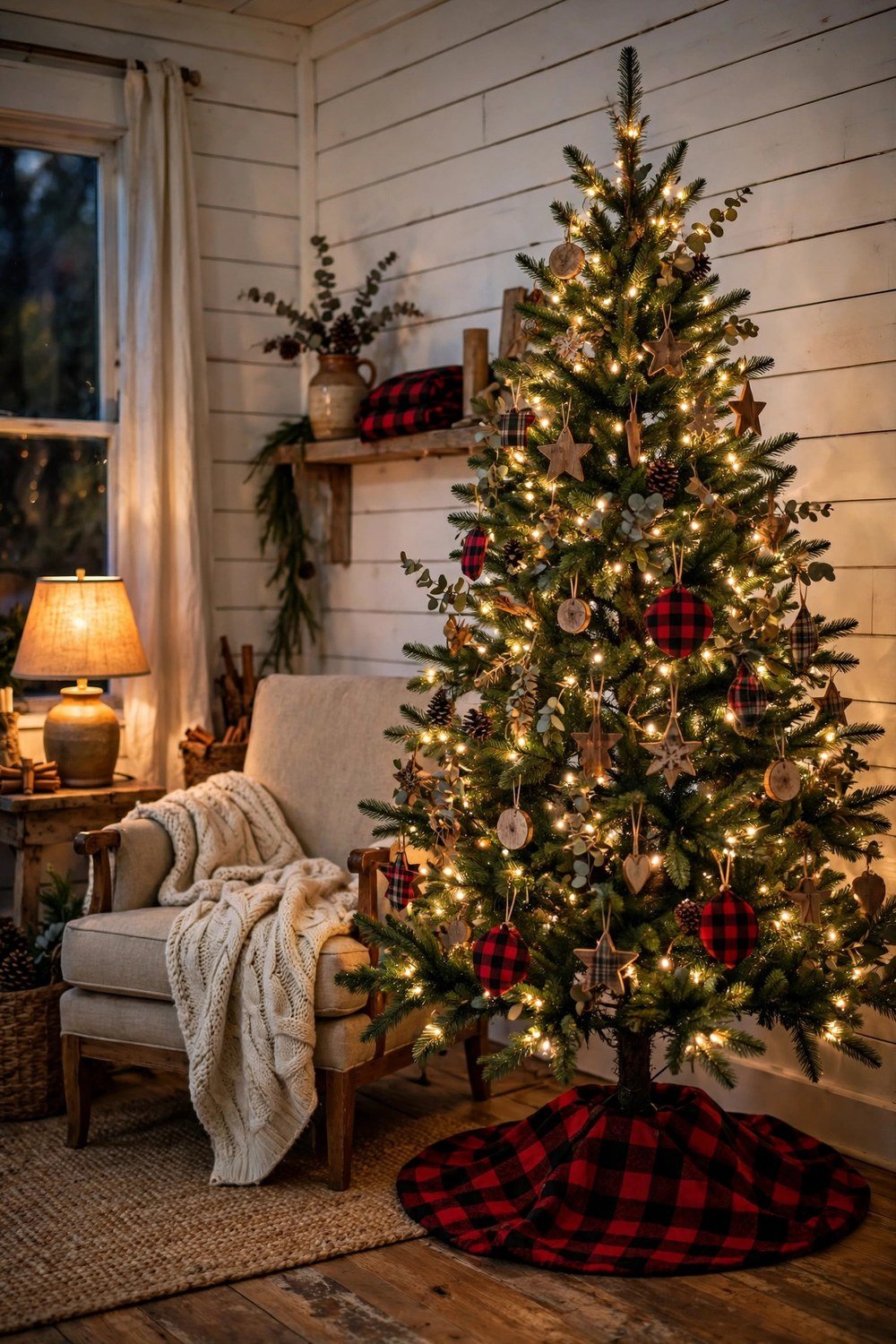 Cozy farmhouse living room Christmas tree with red-and-black buffalo check tree skirt, warm fairy lights, rustic wooden and plaid ornaments, shiplap walls