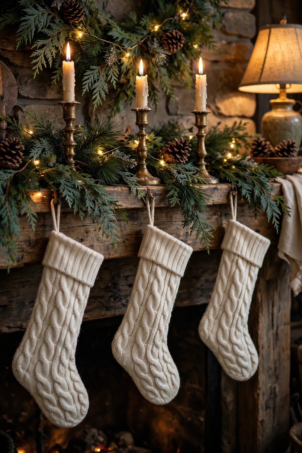 Rustic farmhouse mantel decorated with thick cedar garland, cream cable-knit stockings, vintage brass candlesticks with glowing ivory tapers and pinecones