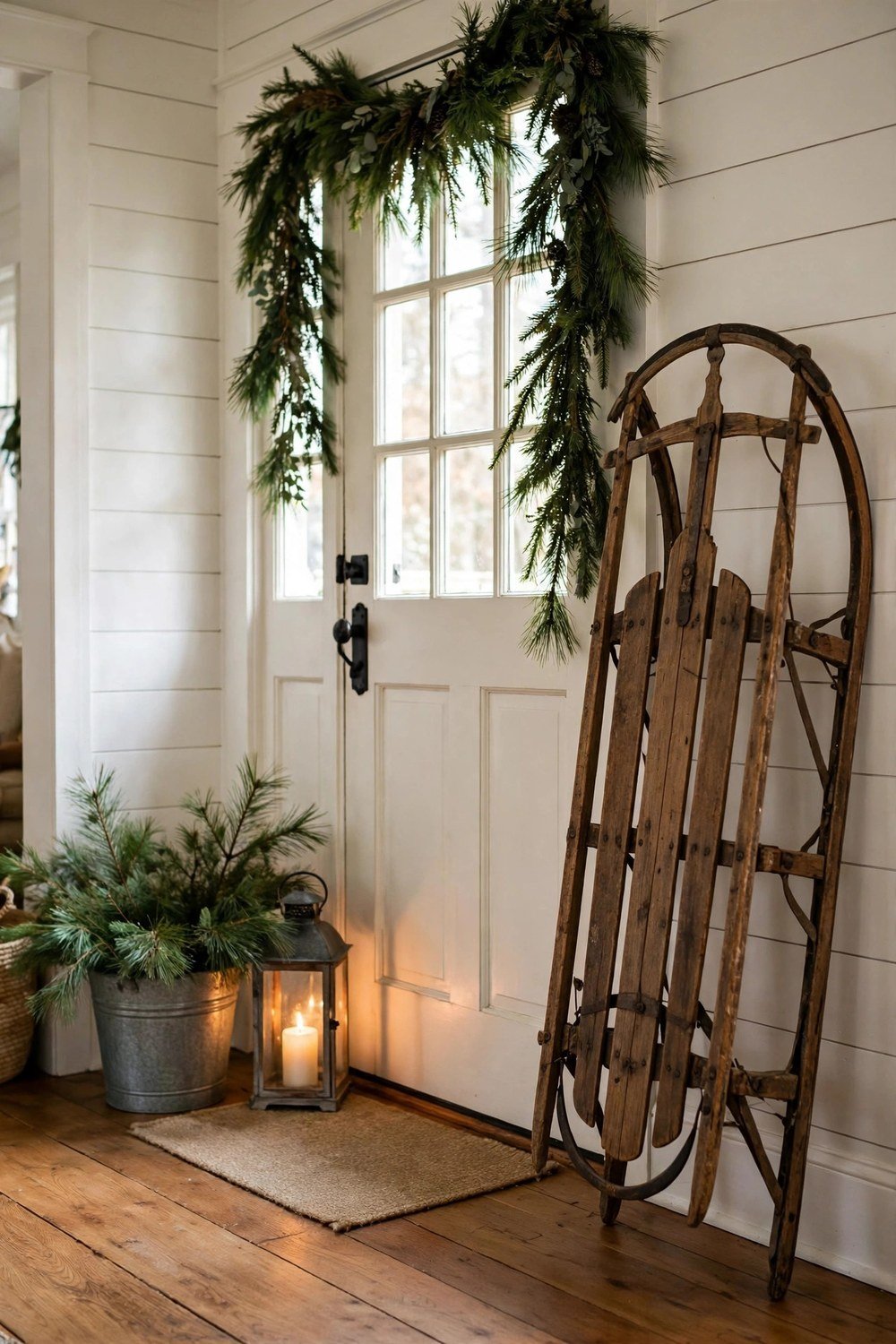 Cozy farmhouse entryway with a vintage wooden sled draped with evergreen garland, a glowing lantern and a galvanized bucket of pine branches