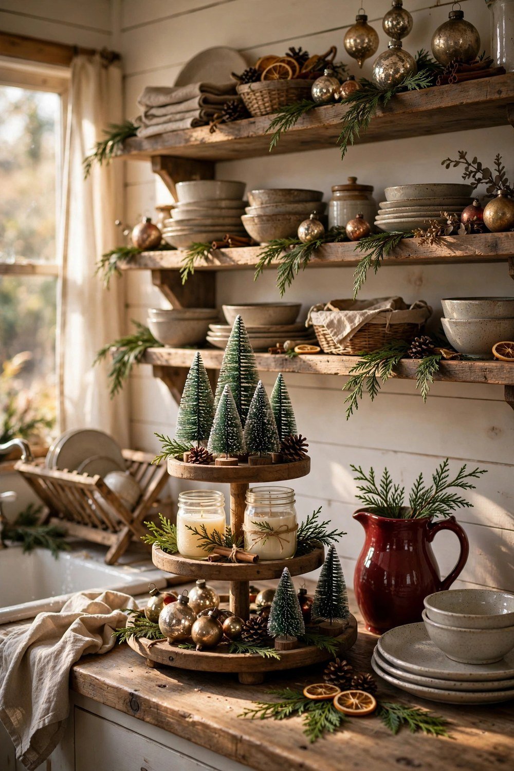 Farmhouse kitchen with open wooden shelves styled for Christmas — tiered tray with mini bottlebrush trees, mason jar candles and a red pitcher